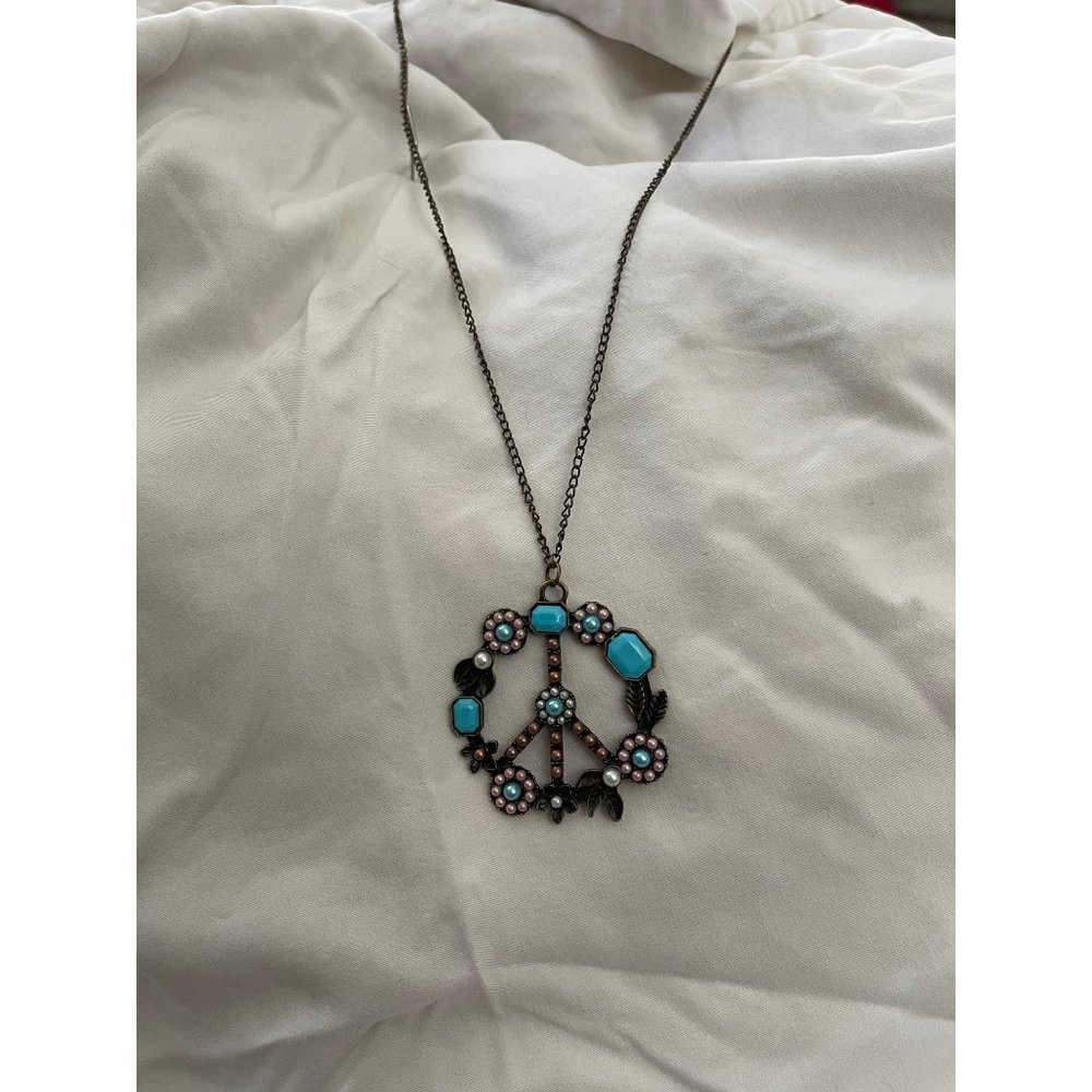 Vintage Inlay Beaded Peace Bronzy Floral Single Pendant Chain Necklace